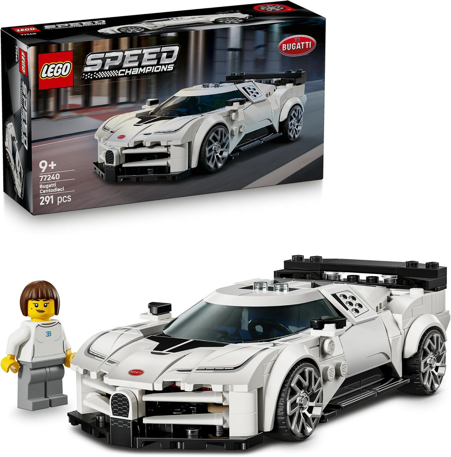 LEGO® Speed Champions Bugatti Centodieci Hyper Sports Car 77240 Toy for Boys and Girls, Model Kit, Vehicle Building Set, Playset with 1 Collectible Minifigure, Toy for Kids Aged 9 and Over