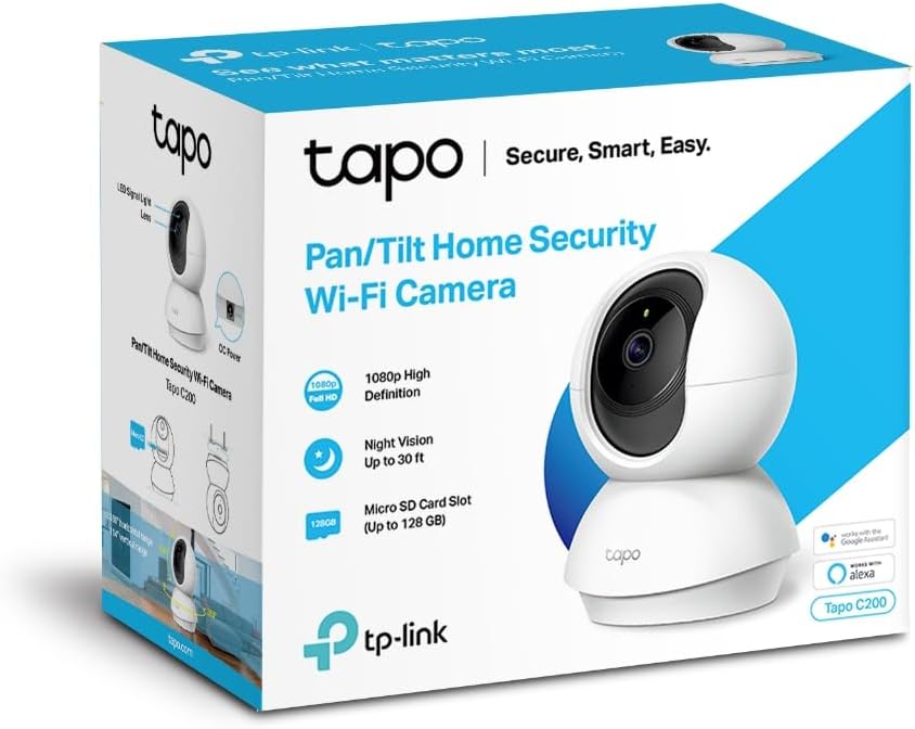 TP-Link Tapo Pan/Tilt AI Smart Home Security Wi-Fi Camera, Baby Monitor, 1080P, Motion & Person Detection, Notifications, Night Vision, SD Card Slot, Voice Control, No Hub Required (Tapo C200)