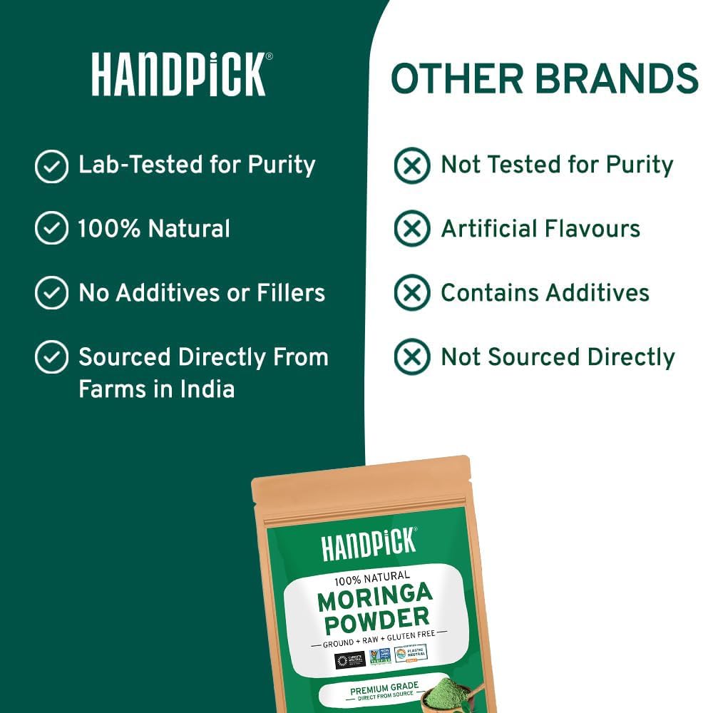HANDPICK Moringa Powder (397g/14oz) Moringa Oleifera Leaf Powder - Gluten Free, Non-GMO | Perfect for Smoothies, Drinks, Tea & Recipes | Packed in Resealable Zip Lock Pouch