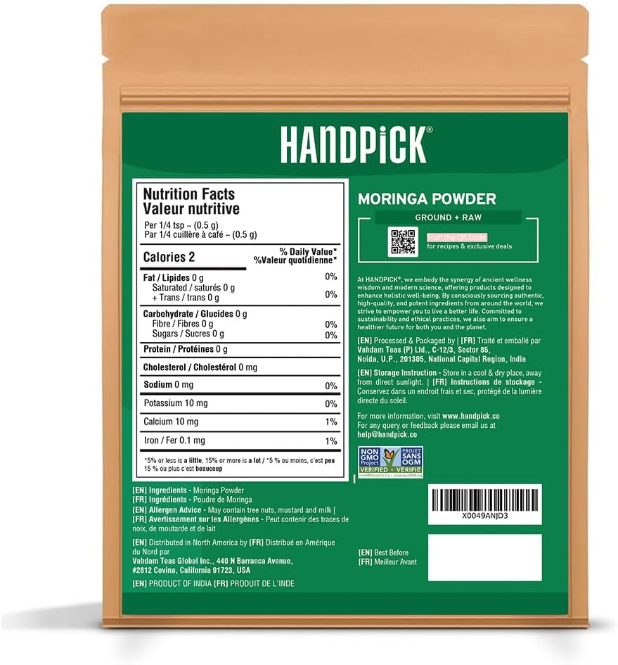 HANDPICK Moringa Powder (397g/14oz) Moringa Oleifera Leaf Powder - Gluten Free, Non-GMO | Perfect for Smoothies, Drinks, Tea & Recipes | Packed in Resealable Zip Lock Pouch
