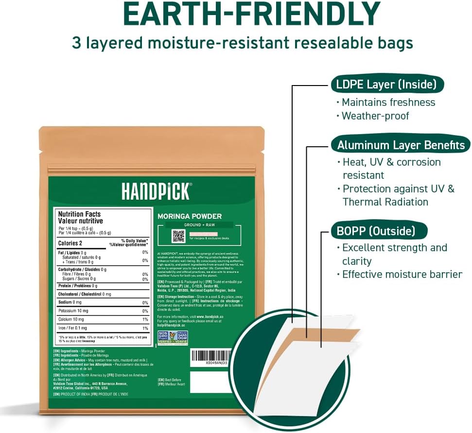 HANDPICK Moringa Powder (397g/14oz) Moringa Oleifera Leaf Powder - Gluten Free, Non-GMO | Perfect for Smoothies, Drinks, Tea & Recipes | Packed in Resealable Zip Lock Pouch
