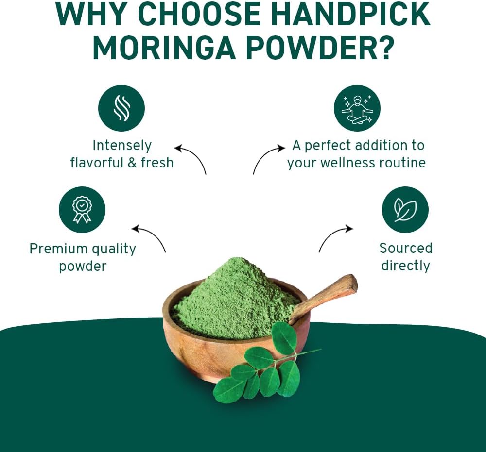 HANDPICK Moringa Powder (397g/14oz) Moringa Oleifera Leaf Powder - Gluten Free, Non-GMO | Perfect for Smoothies, Drinks, Tea & Recipes | Packed in Resealable Zip Lock Pouch