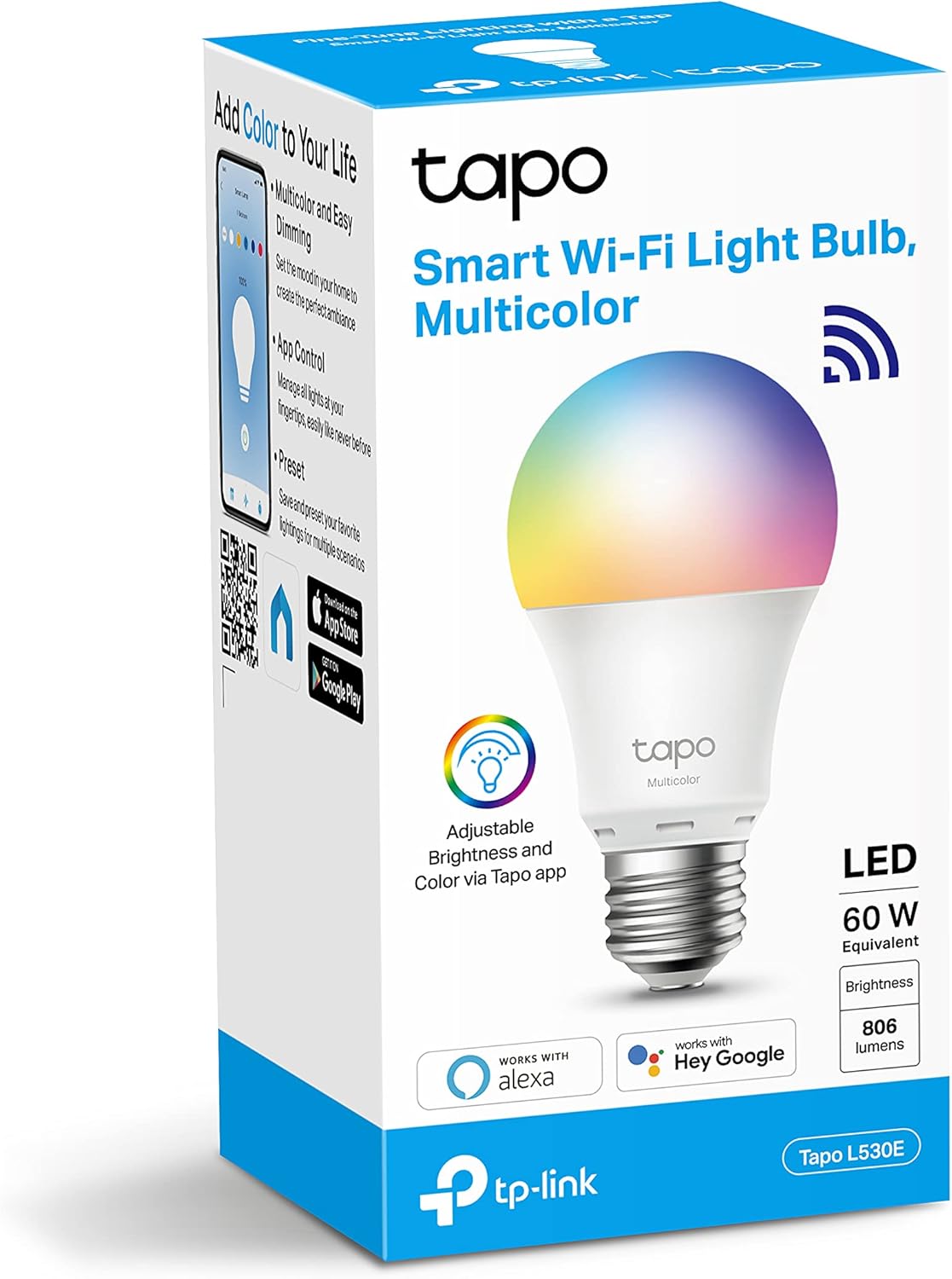 TP-Link Tapo Smart Wi-Fi Light Bulb, Multicolour, E27, 60W Equivalent, Preset, Schedule and Timer, Sunrise and Sunset Modes, Voice and Remote Control, Away Mode, No Hub Required (Tapo L530E)