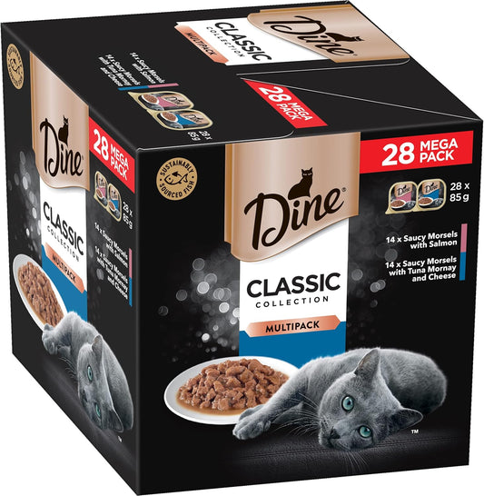 DINE Mixed Multipack Wet Cat Food, Salmon, Saucy Morsels with Tuna, 85 g (Pack of 28)